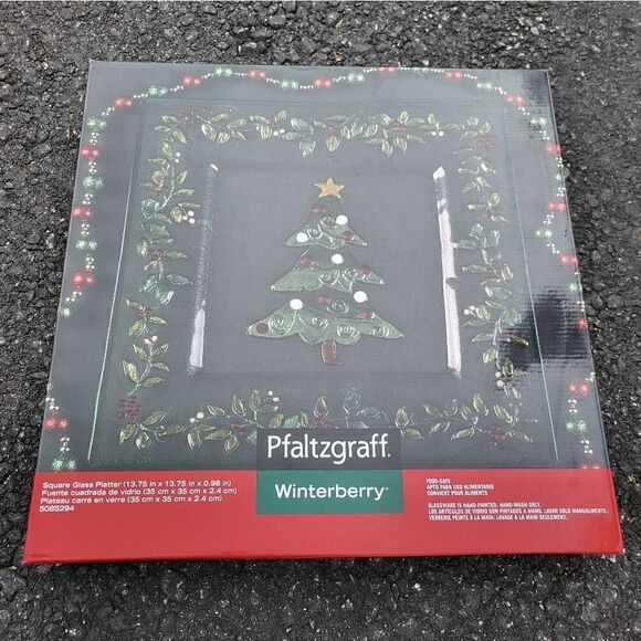 Pfaltzgraff Winterberry Square Glass 13.75" Christmas Tree Platter - Picture 2 of 8
